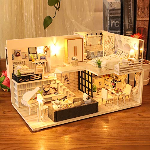 CUTEBEE Miniatura de la casa de muñecas con Muebles, Equipo de casa de muñecas de Madera DIY, más Resistente al Polvo y el Movimiento de música(Happy Time)