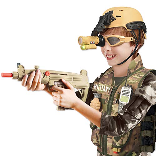 deAO Disfraz de Soldado en Combate Juego Infantil de Imitación Conjunto de Uniforme Militar Incluye Chaleco de Camuflaje, Casco, Accesorios, Armas de Juguete y Mochila para Almacenaje
