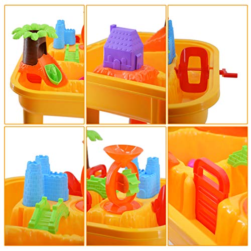deAO Mesas de Juegos Exteriores 2 en 1 para Agua y Arena Mesa de Plástico Infantil con Tablas de Multiplicar y Acesorios de Playa Incluidos