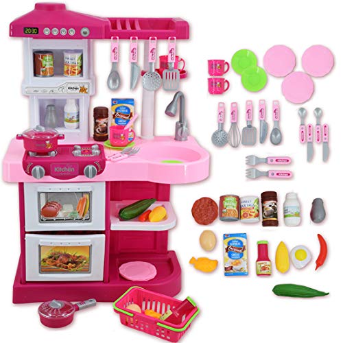 deAO Mi Little Chef - Cocinita de Juguete con 30 accesorios incluidos, Rosa