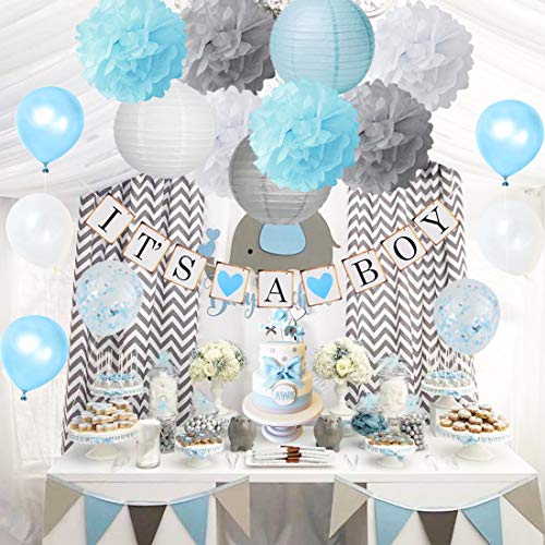 Decoraciones de Baby Shower para Boy Blue y Grey con Es un Banner de Boy, Globos de confeti y Pastel Topper Elephant Boy Baby Shower