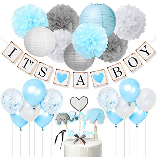 Decoraciones de Baby Shower para Boy Blue y Grey con Es un Banner de Boy, Globos de confeti y Pastel Topper Elephant Boy Baby Shower