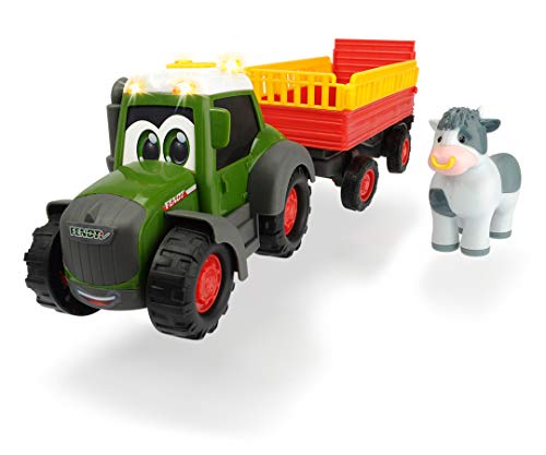 Dickie Toys Happy Series - Tractor de Juguete Happy Fendt con Remolque de Animales y Figura de Vaca, para Niños a partir de 1 Año - 30 cm