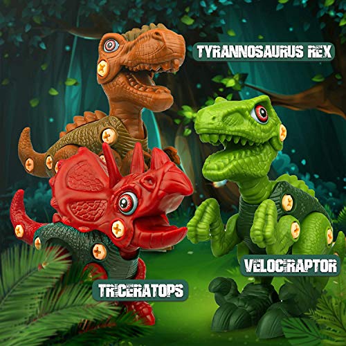 Dinosaurios Juguetes con Taladro Eléctrico, Juego Construccion Puzzle Dinosaurios Incluyen Tiranosaurio Rex, Velociraptor y Triceratops para Niños y Niñas 3 Años