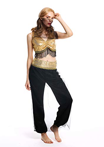 dressmeup - W-0207-M/L Disfraz Mujer Feminino Harem danzarina Oriental Vientre 1001 Noches Negro Oro Talla M/L