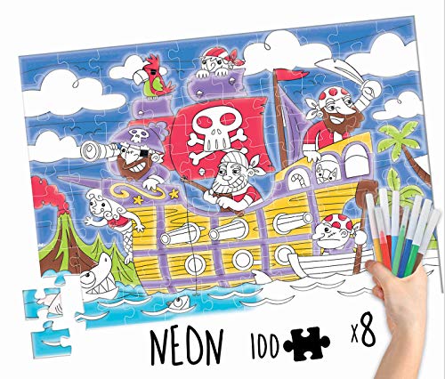 Educa- Colouring Activities Puzzle de 100 Piezas para Colorear Piratas Neón, a Partir de 4 años (18070)