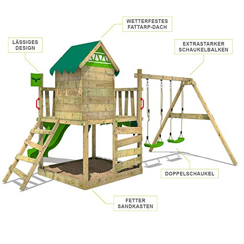 FATMOOSE Parque infantil de madera JazzyJungle Jam XXL con columpio y tobogán manzana, Torre de escalada da exterior con arenero y escalera para niños