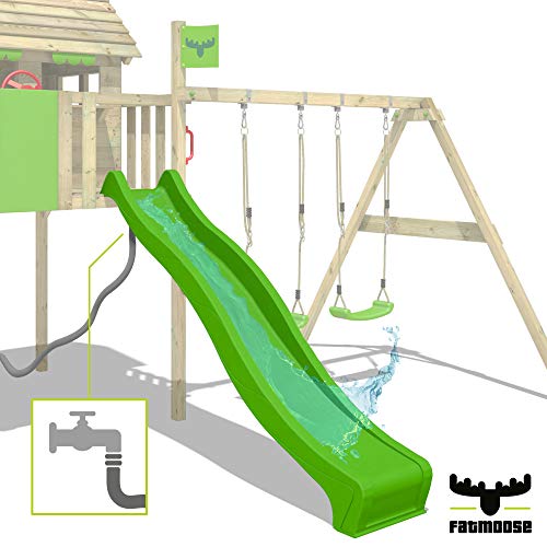 FATMOOSE Parque infantil de madera JazzyJungle Jam XXL con columpio y tobogán verde, Torre de escalada da exterior con arenero y escalera para niños