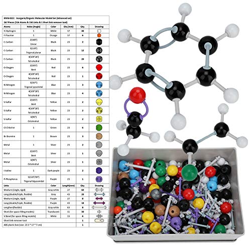 Fdit Kit de Modelo Molecular de 267 Piezas Kit de Estructura inorgánica orgánica Modelo Molecular Construcción de Estructura científica de química orgánica e inorgánica