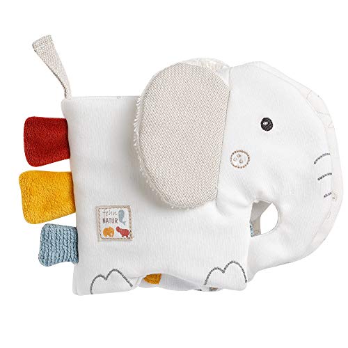 Fehn 056099 - Libro de tela con diseño de elefante, ecológico, para bebés y niños pequeños a partir de 0 meses, promueve el sentido del tacto y la autopercepción, tamaño: 16 x 12 cm