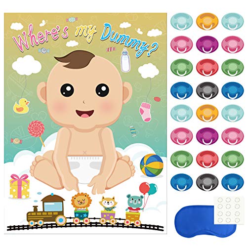 FEPITO Baby Shower Partido Juegos, Alfiler la Tonto en el Juego del Bebé con 24 Piezas de Pegatinas Chupete para Artículos de Fiesta para Bebé Ducha