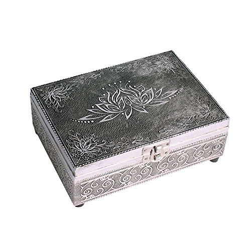 FindSomethingDifferent Caja para tarot con diseño de flor de loto en relieve, madera, forro de fieltro, color plateado