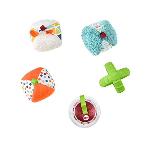 Fisher-Price Bolitas blandas activity, 5 bolas de juguete para estimulación de los sentidos del bebé recién nacido (Mattel FXC32)