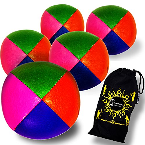Flames 'N Games Juego de 5 Bolas de Malabares de Cuero de 4 Colores + Bolsa - ¡Pelotas de Malabares Profesionales para Todas Las Habilidades! (Naranja / Azul / Rosa / Verde)