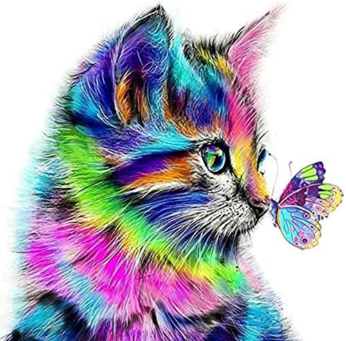 Fuumuui Lienzo de Bricolaje Regalo de Pintura al óleo para Adultos niños Pintura por número Kits Decoraciones para el hogar -Gato y Mariposa 16 * 20 Pulgadas