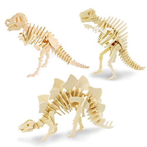 Georgie Porgy Modelos de Animales de Madera en 3D, Kit de Construcción de Artesanía en Madera de Rompecabezas ños de Edad para Niños de 5+ (3 Piezas, Tirano-saurio Rex Spinosaurus Estegosaurio)