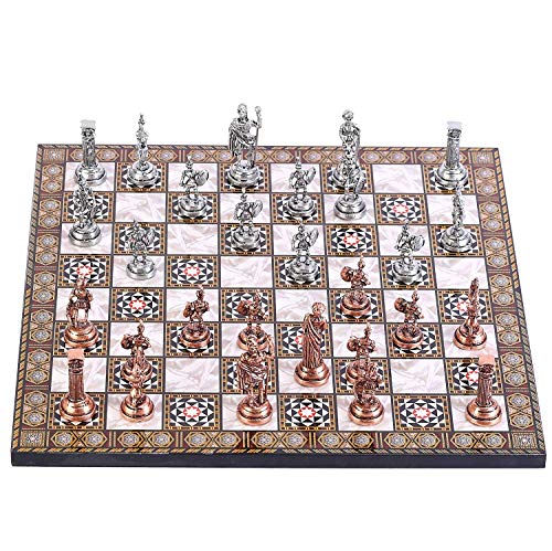GiftHome Juego de ajedrez de metal de cobre antiguo para adultos, piezas hechas a mano y tablero de ajedrez de madera con patrón de nácar King 2.8 inc