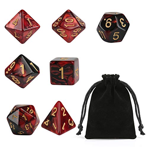 GWHOLE 7 Piezas Dados Poliédricos Dados para Juegos de rol y Mesa Dungeons y Dragons DND RPG MTG con Bolsa Negra ( Rojo Negro)