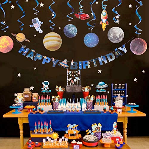 Haosell - Decoración para cumpleaños infantiles, sistema solar para colgar en el techo con pancarta de feliz cumpleaños, sistema solar, diseño de astronautas, espirales y decoración de pasteles