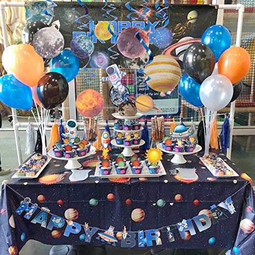 Haosell - Decoración para cumpleaños infantiles, sistema solar para colgar en el techo con pancarta de feliz cumpleaños, sistema solar, diseño de astronautas, espirales y decoración de pasteles