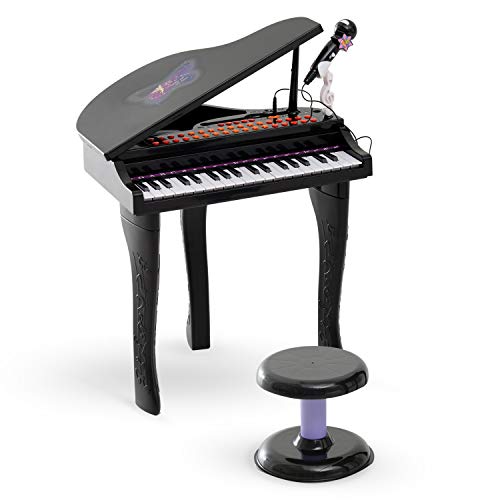 HOMCOM Piano Infantil 37 Teclas Teclado Electrónico Juego de Piano con Micrófono Taburete Luces y 22 Canciones USB/MP3 Karaoke Modo de Enseñanza Negro