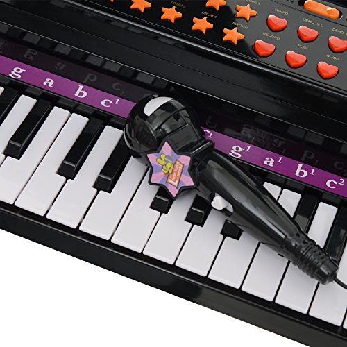 HOMCOM Piano Infantil 37 Teclas Teclado Electrónico Juego de Piano con Micrófono Taburete Luces y 22 Canciones USB/MP3 Karaoke Modo de Enseñanza Negro