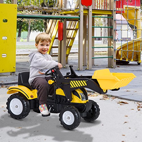 HOMCOM Tractor Pedal Excavadora Camión + Pala Delantera para Niños +3 Años Juguete de Montar Coche Pedales Carga 35kg 114x41x52cm Acero y Plástico