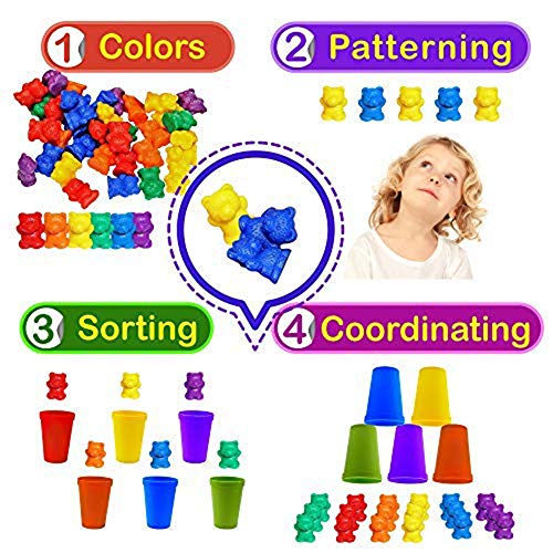 Infantil Juguetes Montessori, Contar con Osos de Colores coordinados Ordenación de Las Copas, Juego Montessori Rainbow Matching, (67 Piezas Set) 60 Osos Colores 6 Copas y 1 Bolsa de Almacenamiento