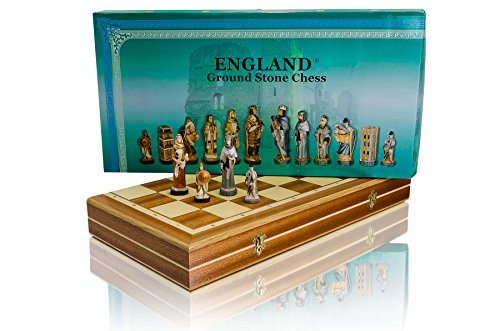 INGLATERRA 56cm / 22in Mármol Piedra de Lujo juego de ajedrez en el tablero de madera, Inglaterra medieval / Europa temáticas, juego clásico