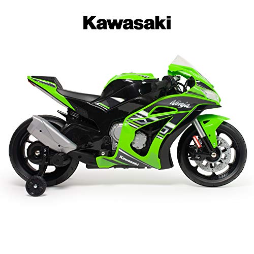 INJUSA – Moto Ninja Kawasaki ZX10 a 12V con Acelerador en Puño, Entrada para Mp3 y Ruedas Estabilizadoras Recomendada a Niños +3 Años