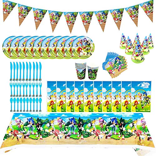 INTVN 88 Piezas Sonic The Hedgehog Party Supplies Juego de decoración Suministros de Fiesta Sonic Party Vajilla Paquetes Incluye Flatwares, Tazas, manteles, servilletas, pancartas para 10 niños