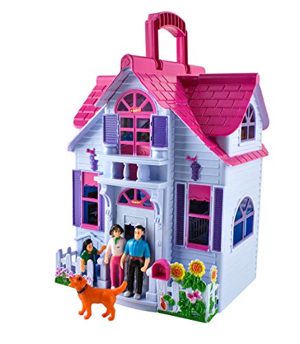 ISO TRADE Casa de muñecas Plegable 6 Muebles de habitación Figuras Familia con Perro Juguete portátil 6079