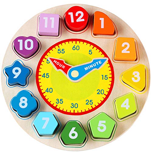 Jacootoys Forma de madera que clasifica el juguete del reloj con el juego educativo del número y de la forma para los niños