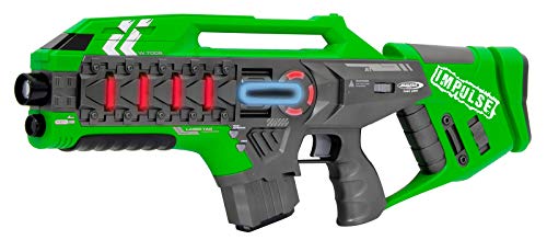 Jamara 410084 Impulse Laser Gun-Juego 3 modos de batalla jugadores por equipo, Last man standing, Duell, 4 armas simuladas con efectos de sonido, alcance de hasta 40 m, color azul/verde