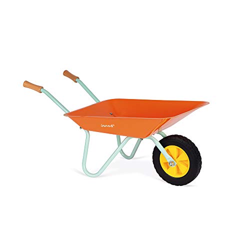 Janod - J03194 - Carretilla de metal de la colección Happy Garden con pala y rastrillo, color naranja y azul, juego de jardinería al aire libre para niños a partir de 3 años