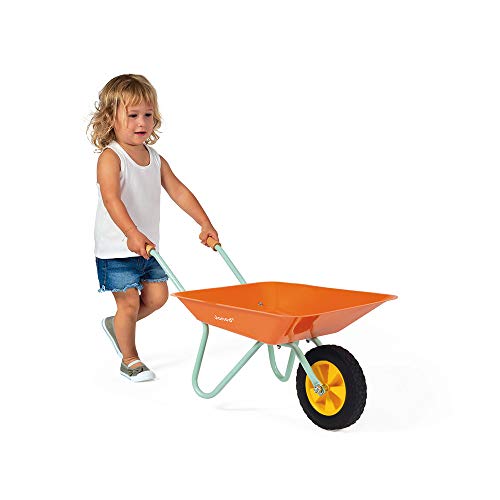 Janod - J03194 - Carretilla de metal de la colección Happy Garden con pala y rastrillo, color naranja y azul, juego de jardinería al aire libre para niños a partir de 3 años