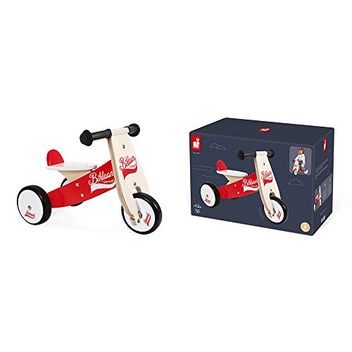 Janod - J03261 - Triciclo Little Bikloon de madera de color rojo y blanco, aprendizaje del equilibrio e independencia para niños a partir de 1 año