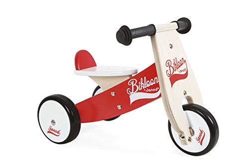 Janod - J03261 - Triciclo Little Bikloon de madera de color rojo y blanco, aprendizaje del equilibrio e independencia para niños a partir de 1 año