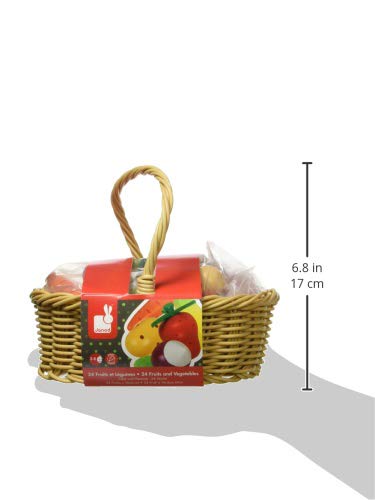 Janod - J05620 - Cesta de madera con 24 frutas y verduras, juego de simulación para cocinar para niños a partir de 3 años