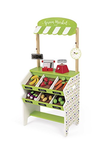 Janod - J06574 - Tienda de comestibles Green Market de color verde y blanco con 32 accesorios incluidos, juego de simulación para ir de compras para niños a partir de 3 años