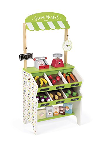 Janod - J06574 - Tienda de comestibles Green Market de color verde y blanco con 32 accesorios incluidos, juego de simulación para ir de compras para niños a partir de 3 años