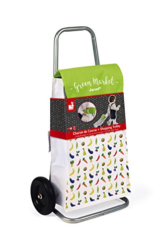 Janod - J06575 - Carrito de la compra Green Market de color verde y blanco, juego de simulación para ir de compras para niños a partir de 3 años