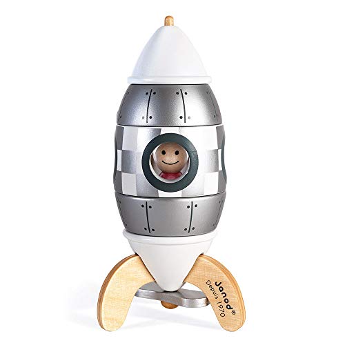 Janod- Kit de imanes Cohete de Madera para Montar 5 piezas-16 cm-Edición Especial 50 Juego de construcción magnética y manipulación-A Partir de 2 años (JURATOYS J05221)