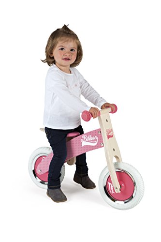 Janod - Mi primera Bicicleta sin pedales Bikloon - Madera - Aspecto Vintage - Aprendiendo Equilibrio y Autonomía - Silla Ajustable y Neumáticos Inflables - Color Rosa - A partir de 2 años