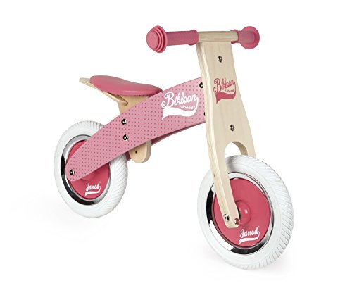 Janod - Mi primera Bicicleta sin pedales Bikloon - Madera - Aspecto Vintage - Aprendiendo Equilibrio y Autonomía - Silla Ajustable y Neumáticos Inflables - Color Rosa - A partir de 2 años