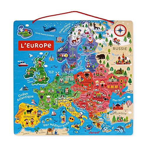 Janod- Puzzle Magnético de Madera con Mapa de Europa-40 Piezas Magnéticas-45x 45 cm-Versión Francesa-Juego Educativo a Partir de 7 años (JURATOYS J05476)