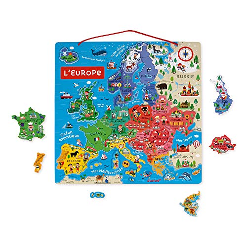 Janod- Puzzle Magnético de Madera con Mapa de Europa-40 Piezas Magnéticas-45x 45 cm-Versión Francesa-Juego Educativo a Partir de 7 años (JURATOYS J05476)