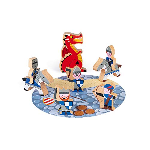 Janod- Set Story-8 figuritas de Madera-Juguete de imaginación-Caballeros, Dragones y Castillos-A Partir de 3 años (JURATOYS J08581)