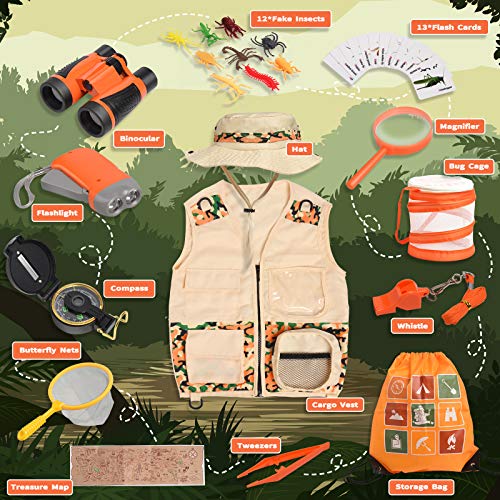 Joyjoz Kit de Binoculares para Niños, Kit Explorador niño con Prismaticos niños, Juego de rol con Tela y Sombrero, Linterna, Brújula, Caja de Insectos(37 Piezas)