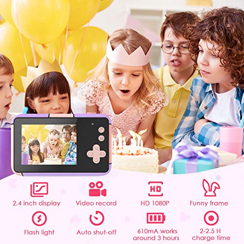 joylink Cámara para Niños, 2,4 Inch Pantalla Cámara de Fotos para Niños Cámara Selfie de 16MP 1080P HD Video Cámara Digital para Niños con Tarjeta TF de 32GB (Violeta)